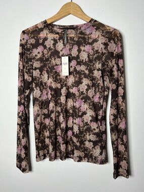 Anthropologie Floral Long-Sleeve Slinky Mesh Top in Brown and Pink Soft Romantic